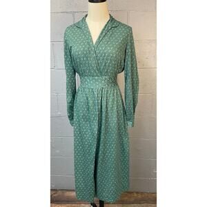 Vtg 70s 80s Floral Wrap Dress Sage Green Calico Country Cottage Lanz Original